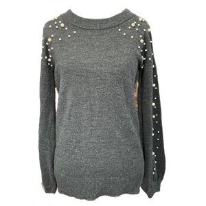 Heart N Crush Womens Pullover Sweater Gray Long Sleeve Embellished Pearls XS